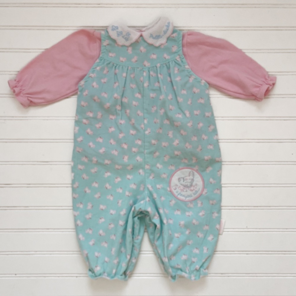 VINTAGE PETER RABBIT Puddle Ducks Corduroy Bubble Romper & Embroidered Blouse